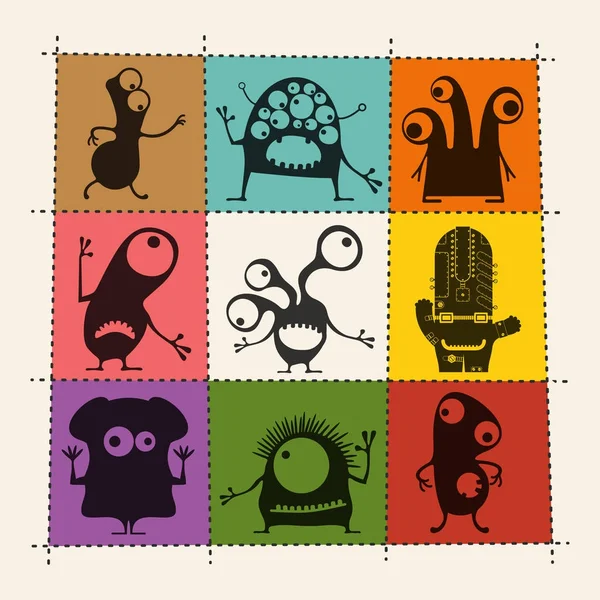 Ensemble de neuf monstres noirs mignons avec des émotions sur fond de couleur avec des bords pour la coupe . — Image vectorielle