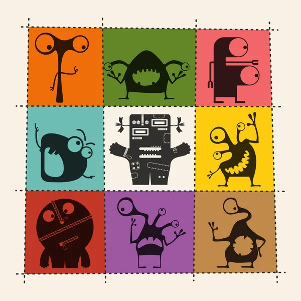 Ensemble de neuf monstres noirs mignons avec des émotions sur fond de couleur avec des bords pour la coupe . — Image vectorielle