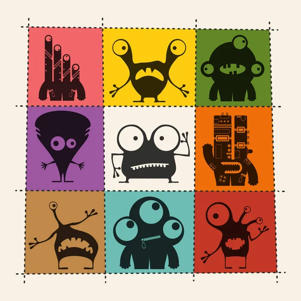 Set of nine cute black monsters with emotions on color background with edges for cutting. — Stock Vector