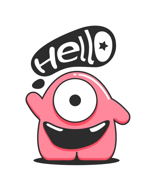 Cute personage standing with text message cloud "hello" isolated on white. — Stock Vector