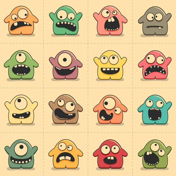 Set of sixteen funny color monsters with emotion and smileys. Retro stickers. — Stock Vector