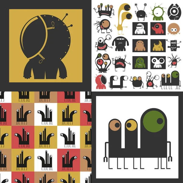 Set van schattige monsters. Papieren stickers met humanoïden. naadloze patroon — Stockvector