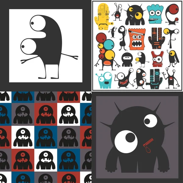 Set van schattige monsters. Papieren stickers met humanoïden. naadloze patroon — Stockvector