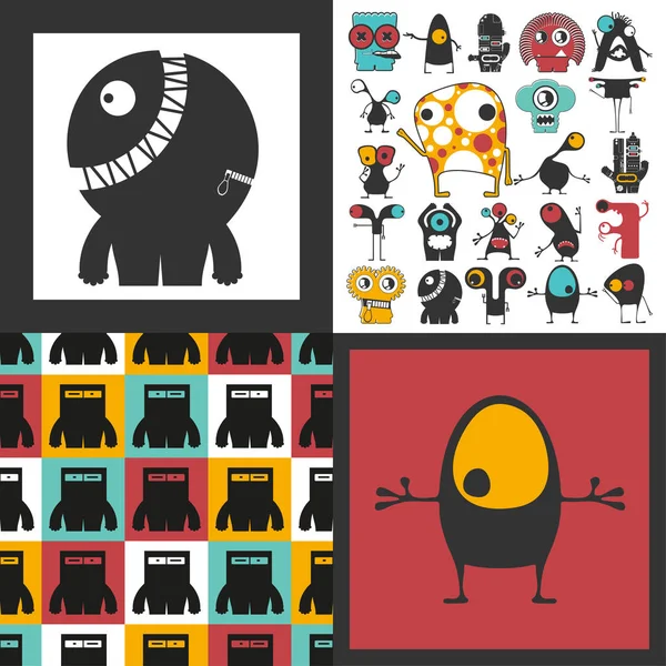 Set van schattige monsters. Papieren stickers met humanoïden. naadloze patroon — Stockvector