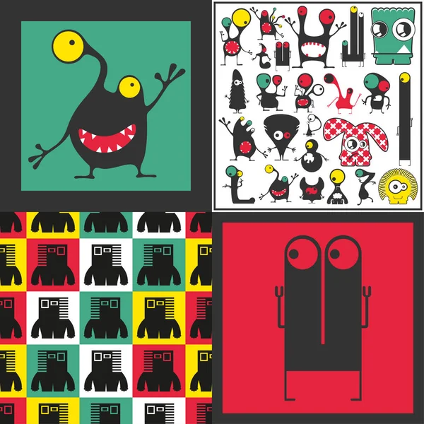 Set van schattige monsters. Papieren stickers met humanoïden. naadloze patroon — Stockvector