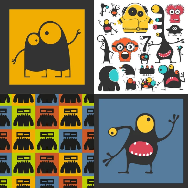 Set van schattige monsters. Papieren stickers met humanoïden. naadloze patroon — Stockvector