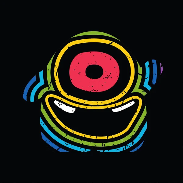 Funny monster with color strips and crazy emotion on black grunge background. — Stock Vector