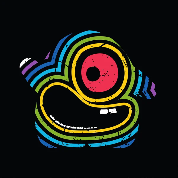 Funny monster with color strips and crazy emotion on black grunge background. — Stock Vector