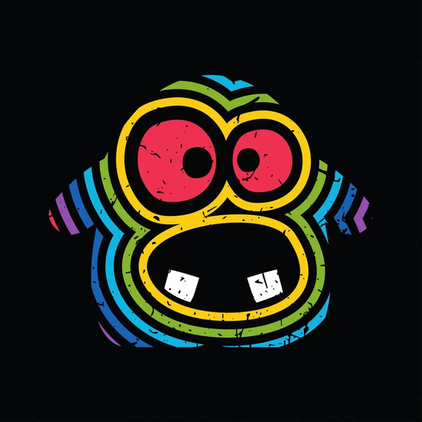 Funny monster with color strips and crazy emotion on black grunge background. — Stock Vector