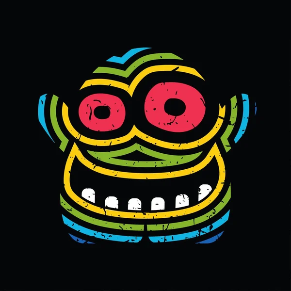 Funny monster with color strips and crazy emotion on black grunge background. — Stock Vector
