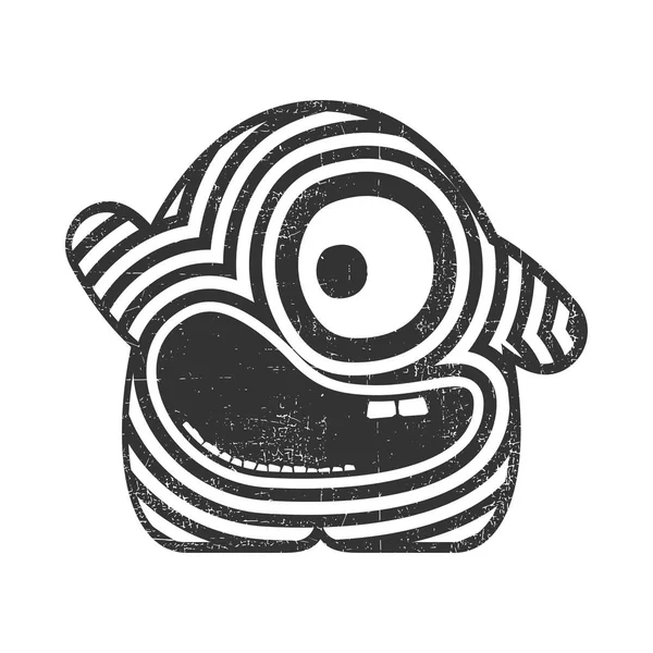 Zwarte monster met strips en gek emotie geïsoleerd op witte grunge achtergrond. — Stockvector