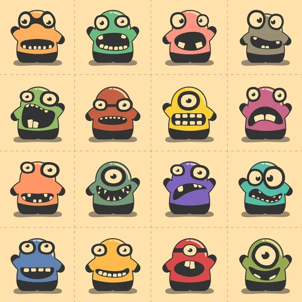 Ensemble de seize monstres drôles avec des émotions folles — Image vectorielle