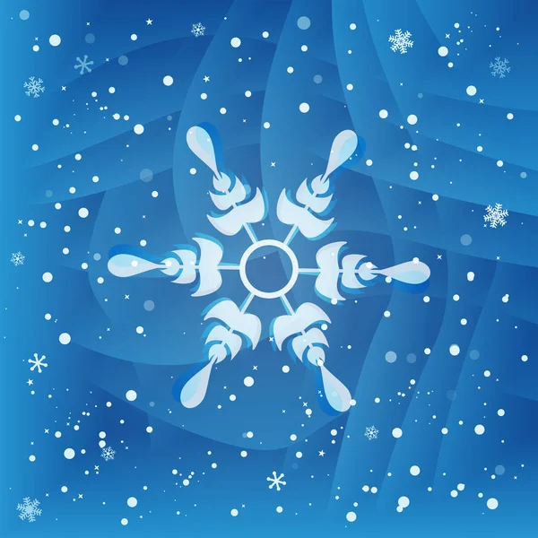 Fiocco di neve bianco su sfondo blu con piccoli pezzi di fiocchi di neve che cadono . — Vettoriale Stock