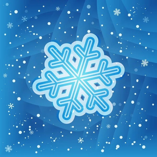 Weiße Schneeflocke auf blauem Hintergrund mit kleinen fallenden Schneeflocken. — Stockvektor