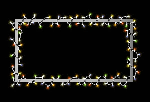 Новогодняя Открытка Цветной Гирляндой Серебряной Раме — стоковый вектор