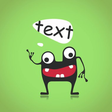 Duygu ve yeşil zemin üzerine sohbet bulut ile komik siyah canavar illüstrasyon karikatür.