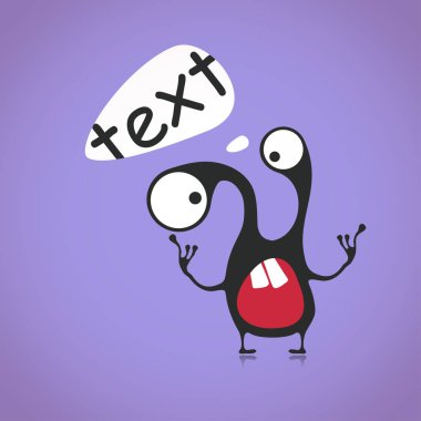 Duygu ve mor zemin üzerine sohbet bulut ile komik siyah canavar illüstrasyon karikatür.