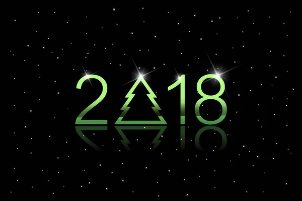 贺卡与新年2018 美丽的绿色数字与树和白色雪花 — 图库矢量图片