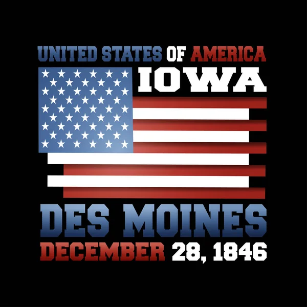 Bandiera Statunitense Con Iscrizione Stati Uniti America Iowa Des Moines — Vettoriale Stock