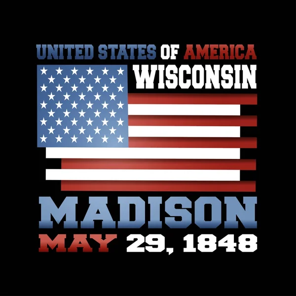 Bandiera Statunitense Con Iscrizione Stati Uniti America Wisconsin Madison Maggio — Vettoriale Stock