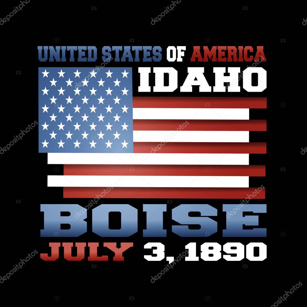 US flag with inscription United States of America, Idaho, Boise, July 3, 1890 on black background. 