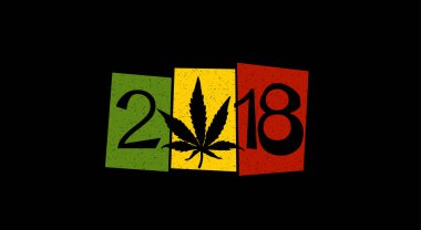 Marihuana yaprağı ve siyah arka plan .vector örnek üzerinde rastafafrian bayrak ve grunge şekillerdeki 2018 yıl