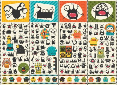 Büyük farklı duygular ile siyah komik canavarlar ayarla 