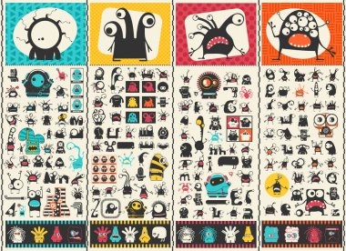 Büyük farklı duygular ile siyah komik canavarlar ayarla 