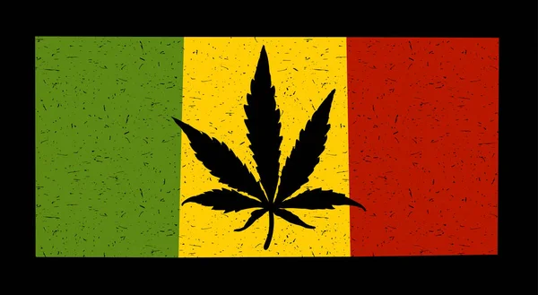 Marijuana Blad Rastafafrian Flagga Och Grunge Former Svart Bakgrund Vector — Stock vektor
