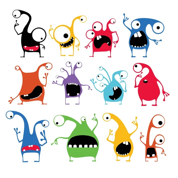 Set Twelve Cute Color Monsters Different Emotions Isolated White Cartoon — Stock Vector