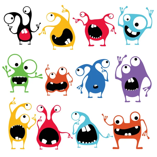 Set Van Twaalf Schattig Kleur Monsters Met Verschillende Emoties Wit — Stockvector