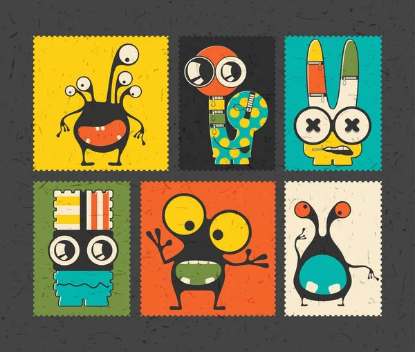 Set Six Retro Postage Stamp Funny Monsters Different Color Background — Stock Vector