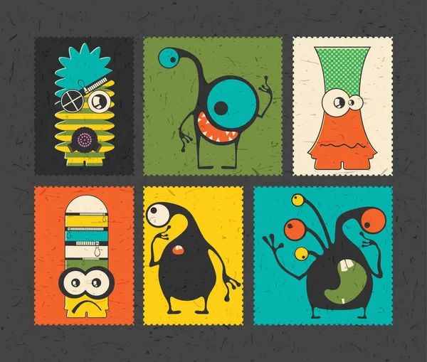 Set Six Timbres Postaux Rétro Avec Des Monstres Drôles Sur — Image vectorielle