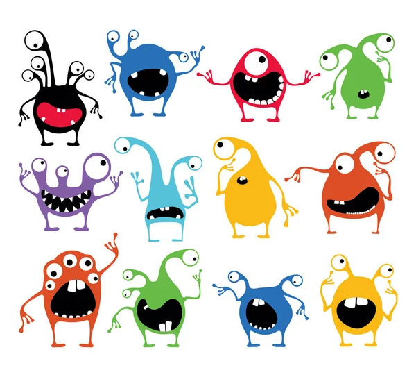Sada Dvanácti Roztomilý Barevný Monster Různými Emocemi Izolované Bílém Kreslený — Stockový vektor