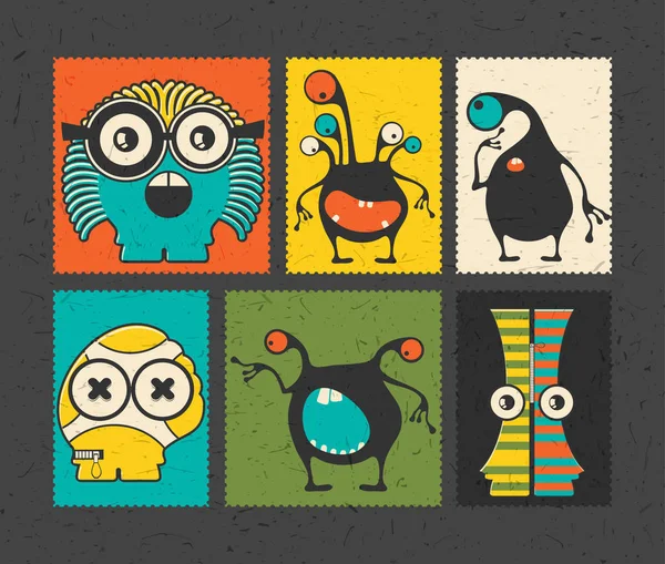 Set Seis Sellos Franqueo Retro Con Divertidos Monstruos Sobre Fondo — Vector de stock