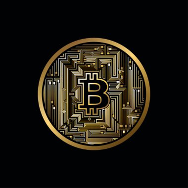 Cryptocurrency. Siyah arka plan üzerine izole bitcoin simgesi olan altın sikke.