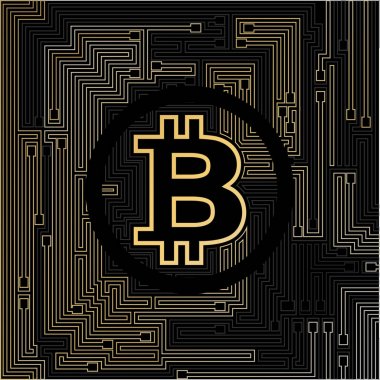 Cryptocurrency. Bitcoin sembolünün düzeni arka plan üzerinde siyah daire içinde. 