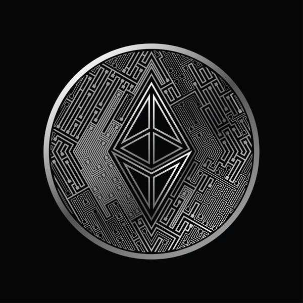 Cryptocurrency Zilveren Munt Met Ethereum Symbool Zwarte Achtergrond — Stockvector