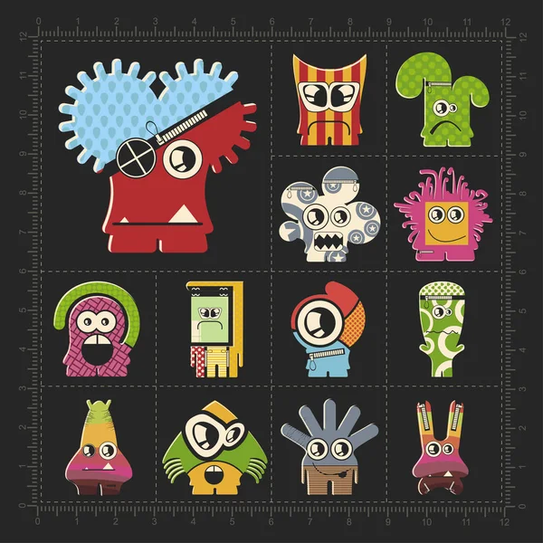 Cute Colorful Monsters Black Set Thirteen Funny Robot Stickers Different — Stock Vector