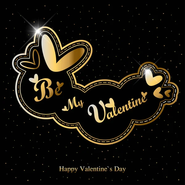 Valentine Day Greeting Card Golden Hearts Text Black Background — Stock Vector