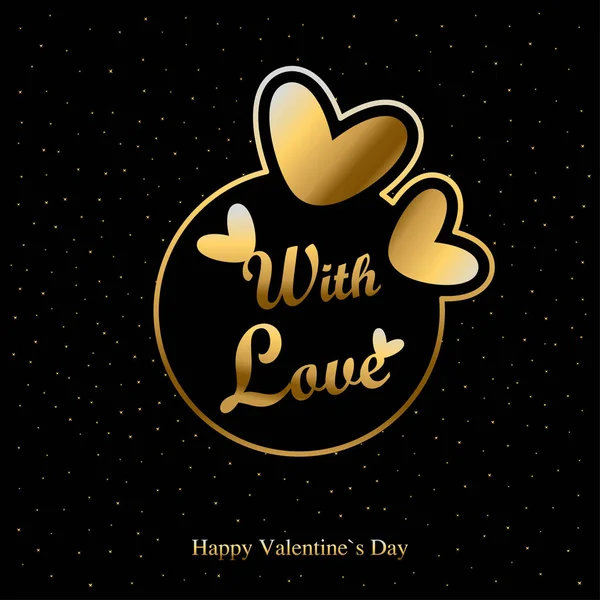黄金の心と黒い背景上のテキストとバレンタインの日グリーティング カード — ストックベクタ
