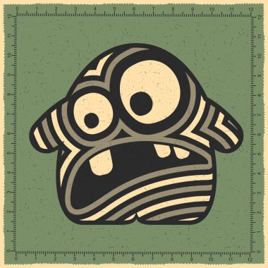 Yeşil zemin üzerine duygularla tatlı çizgili gri canavar. Karikatür Çizim