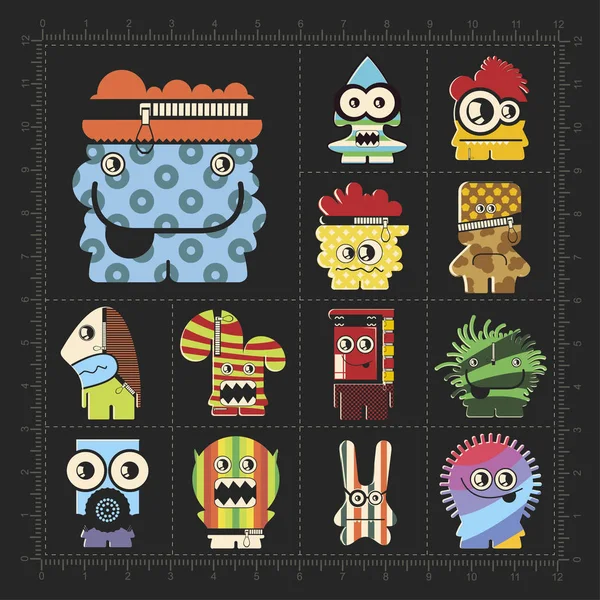 Monstruos Coloridos Lindos Negro Conjunto Trece Robots Pegatinas Para Diferentes — Vector de stock