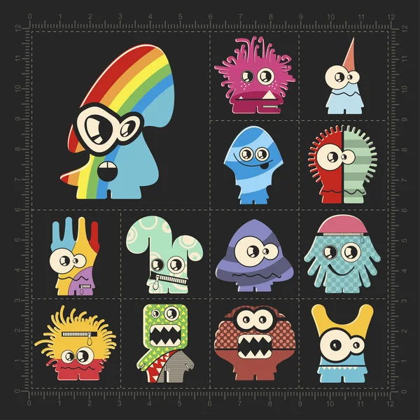 Cute Colorful Monsters Black Set Thirteen Robots Stickers Different Use — Stock Vector