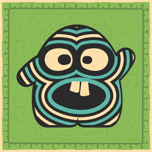 Leuke Gestreepte Blauwe Monster Met Emoties Groene Grunge Achtergrond Cartoon — Stockvector