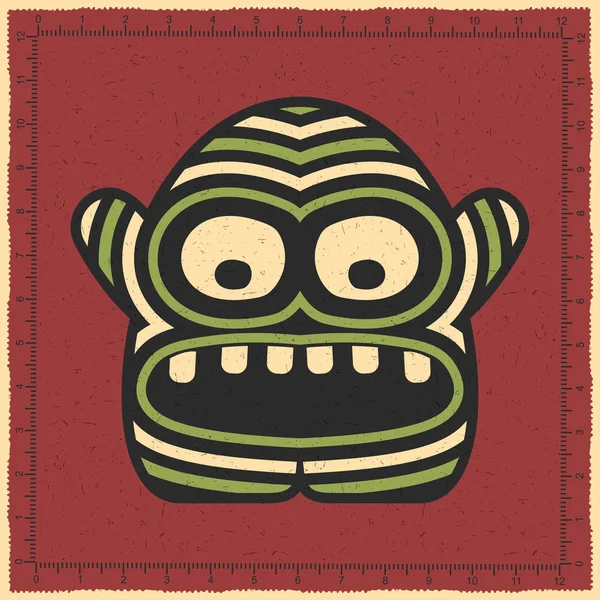Söt Randig Grön Monster Med Känslor Röda Grunge Bakgrund Tecknad — Stock vektor