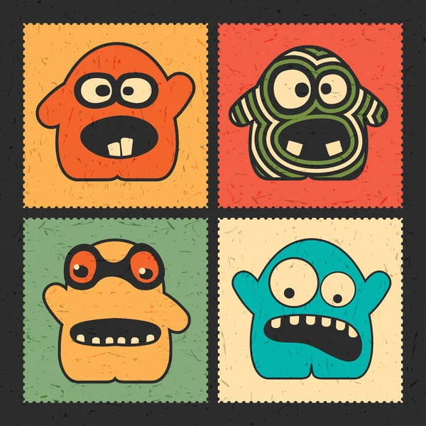 Set Four Funny Monsters Different Emotions Grunge Color Background Postage — Stock Vector