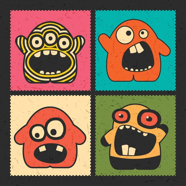 Conjunto Cuatro Divertidos Monstruos Con Diferentes Emociones Fondo Color Grunge — Archivo Imágenes Vectoriales