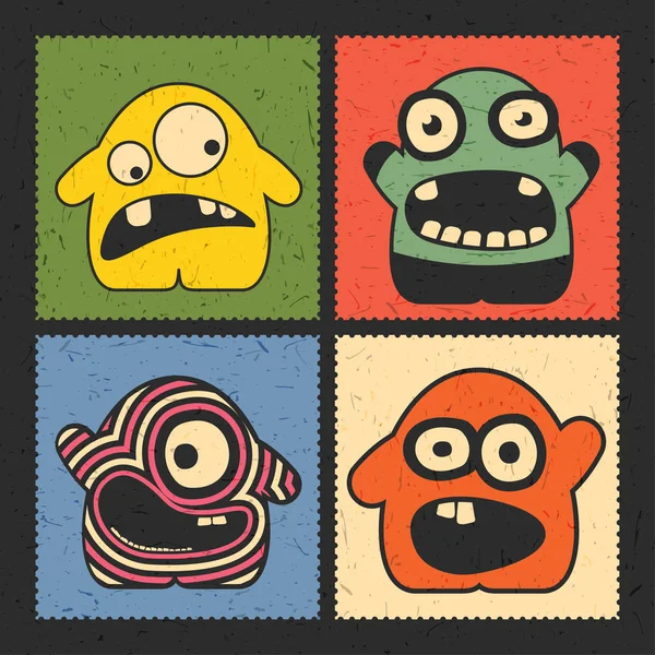 Set Four Funny Monsters Different Emotions Grunge Color Background Postage — Stock Vector