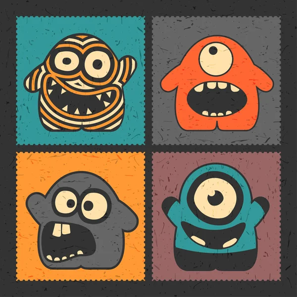 一套四有趣的怪物与不同的情绪在垃圾颜色背景 邮票与可爱多彩的机器人 卡通插画 — 图库矢量图片